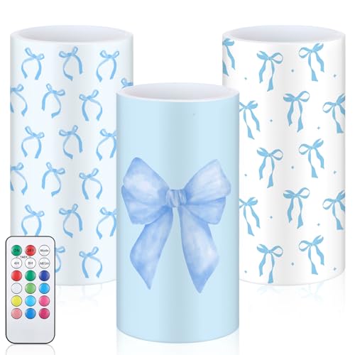 Image of Retisee 3 Pcs Blue Bow Flameless LED Candles with Remote Coquette Blue Bow Room Decor 3x6 Inch Color Changing Battery Operated Pillar Candles for Girls Women Bedroom, Bathroom