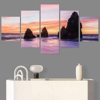 SIGNWIN 5 Panel Canvas Wall Art Coastal Multicolor Photography Relax/Calm Romantics Sunset for Home Decorations Ready to Hang - 60