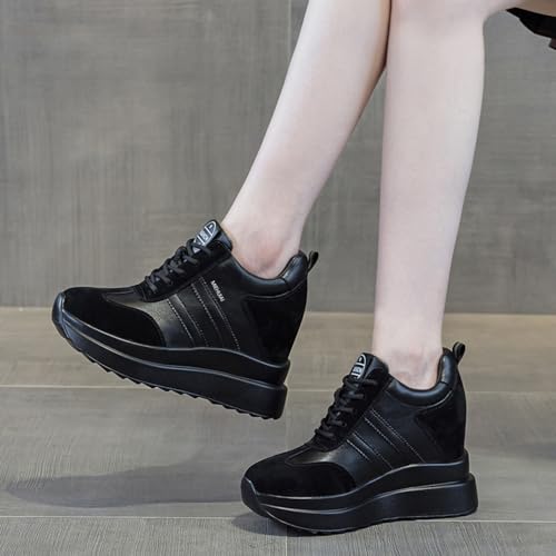 Image of Platform Sneakers for Women High Hidden Heel Wedge Sneakers Fashion Leather Chunky Lace up Wedge Tennis Shoes Increasing 3.94 inch