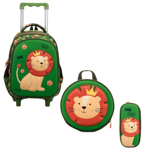 Kit Mochila Escolar Infantil Verde com Rodinhas e Estampa de Leão, Lancheira e Estojo
