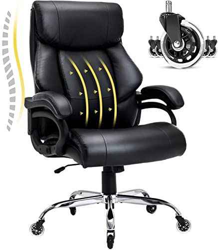 Chizzysit Big And Tall Office Chair For Heavy People 400Lbs, High Back Executive Office Chair With 2-Point Massage, Heavy Duty Office Chair Wide Seat With Strong Metal Base Quiet Wheels,Black #TOP11