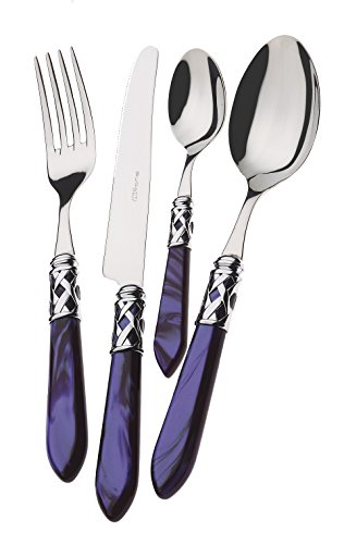 BUGATTI, Aladdin, 4-teiliges Besteck aus Edelstahl 18/10, verchromter Ring und Blauer Griff mit Perlmutt-Effekt. 1-Personen-Set bestehend aus Löffel,...