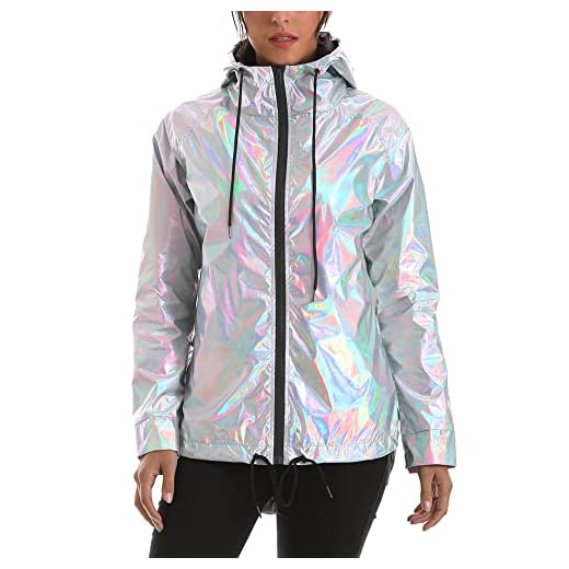 PINMOO Women’s Holographic Jacket, Shiny Gold Metallic Iridescent Rave Rain Coat (as1, alpha, l, regular, regular, Holographic)