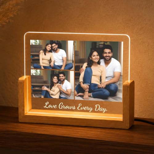 Image of Giftplease Personalized LED Acrylic Photo Frame with Custom Picture and Text, Couple Memory Night Lamp, Wooden Base Table Decor, Romantic Bedroom Display, Home Accent Art, Anniversary Decor, Wedding