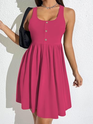 Image of BeadChica Women's Summer Tank Dress Sleeveless Scoop Neck Button-Down Sundress Cute Ruffle Hem Swing Mini A-Line Dress