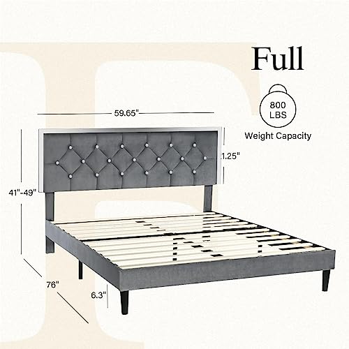 Hombck Full Size Bed Frame, Velvet Upholstered Bed Frame With Modern Adjustable Headboard, Mattress Foundation With Strong Wooden Slats, No Box Spring Needed, Easy Assembly, Grey #TOP1