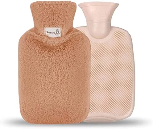 SI68scoBYE Hot Water Bottle With Fleece Cover, 1L Natural Warm Reusable Hot or Cold Water Bag for Fever, Pain Relief (Brown)