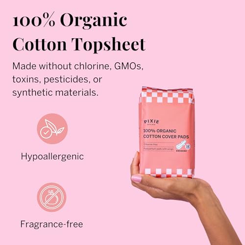 Image of Pixie Organic Pads Ultra-Thin Extra Long Overnight Cotton Pads for Women - Maximum Absorbency with Wings - Leak-Proof, Hypoallergenic, Unscented, Postpartum - Compostable, Biodegradable - 12 Count