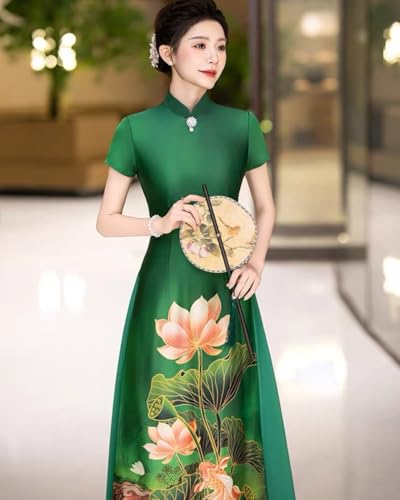 Summer Short SleeveTraditional Ao Dai Cheongsam Qipao Dress with Lotus Flowers for Wedding,Party,Evening Wear4
