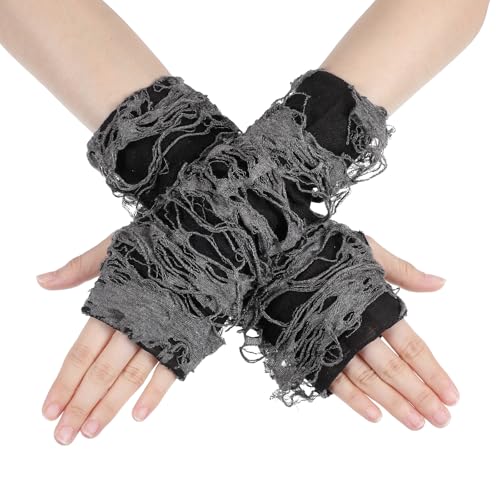 Bremorou 1 Pair Punk Fingerless Gloves for Women Black Gothic Ripped Emo Gloves Trendy Arm Sleeves Y2k Fashion Arm Warmers for Halloween Costume Party Accessories Ladies Festival Gifts Polyester