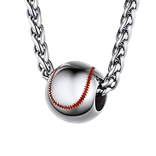 PROSTEEL 316L Stainless Steel 3D Football/Basketball/Volleyball/Baseball/Rugby Ball Cool Necklaces for Men, Sports Players Favors Jewelry, 22inch, Come with Box 3. Baseball-Silver