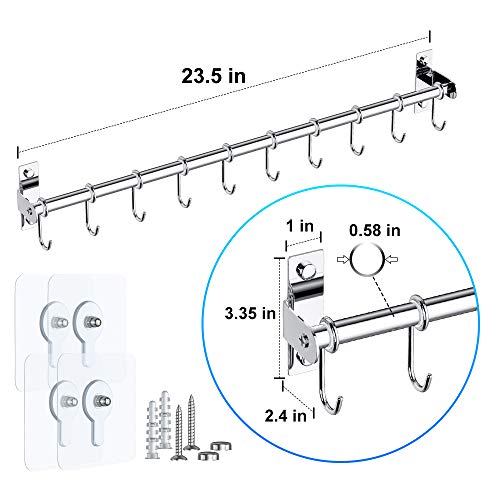 Ninonly Kitchen Sliding Hooks Stainless Steel Utensil Hanging Rack with 10 Removable S Hooks Wall Mounted Kitchen Rail Organizer for Pot Lid Pan Spoon BBQ Tools,Cookware Hanger Bar