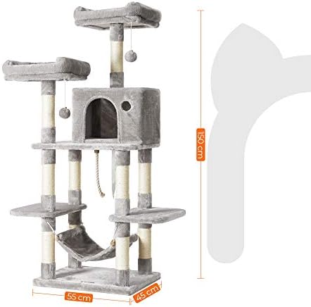 FEANDREA Cat Tree with Pompoms, Cat Tower 150 cm, Light Grey PCT85W