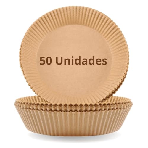 Kit com 50 unidades, Forma Redonda Descartável de Papel, Antiaderente para Airfryer, Impermeável, Ve