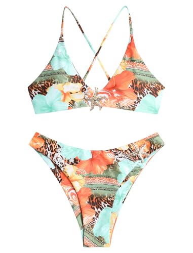 Image of ZAFUL Women's Tie Back Padded High Cut Bralette Bikini Set Two Piece Swimsuit