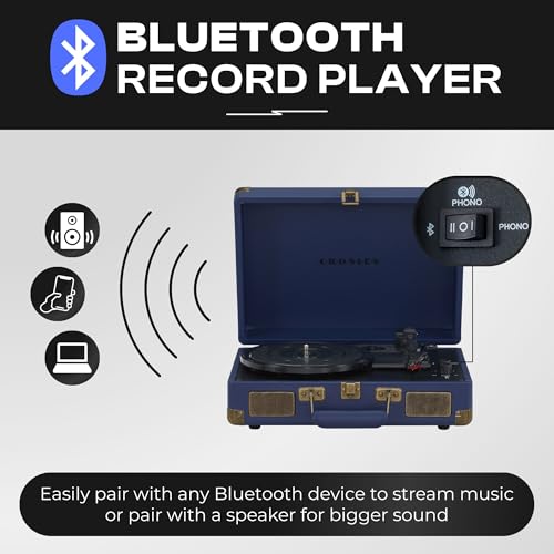 Crosley Cruiser Plus Portable Turntable - Bluetooth Record Player, 3-Speed Suitcase Vinyl Player, Home Turntables for Vinyl Records, Built in Stereo Speakers & Bluetooth Receiver, AUX Input, Navy