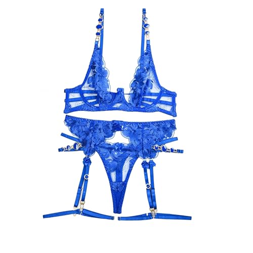Ensemble lingerie transparente bleu 5 pièces L avec jarretelles