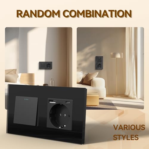 BSEED Druckknopf Rocker Tactile 1 Fach 1 Weg Lichtschalter Glas und 3 in 1 Steckdose mit 2.1A USB Ladeleistung mit Type C Adapter Aufladestation Glasscheibe Wandschalter Schwarz