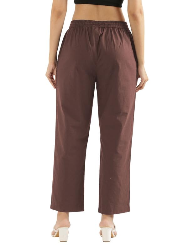 Image of SAADAA Cotton Straight Pants for Women | Breathable Everyday Wear Trousers | Drawstring, Deep Pockets & Elastic Waistband | Casual & Comfortable Fit