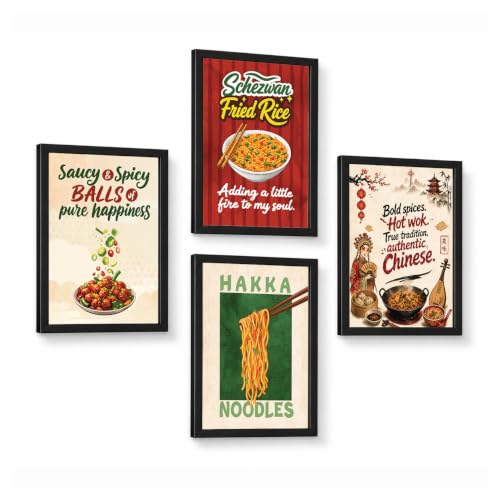 Image of Chaka Chaundh - Restaurant wall decoration items - Cafe quotes wall frames - manchurian walls frame - Fried Rice wall frame poster, Hakka Noodles wall frame, chinese food wall frame art. - Food frame poster wall art. ( 14X11 inch. Set OF 4 )