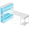 PRAISUN 57 Inch L Shaped Gaming Computer Desk with Larger Open Cabinet, Reverisble Office Desk with Power Outlets, LED Lights, Work Desk, Fabric Drawer, Adjustable Wood and Mesh Shelf, White