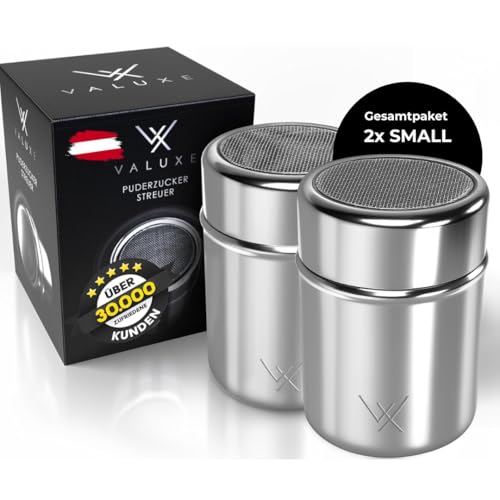 VALUXE® Puderzuckerstreuer 2x SMALL - Edelstahl Kakaostreuer mit feinem Sieb & Deckel - Puderzucker Pulver Streuer für präzises Bestäuben - Zuckerstreuer, Mehlstreuer spülmaschinengeeignet