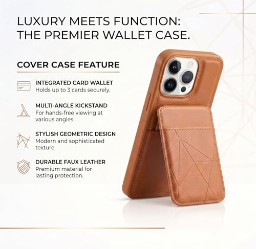 Image of amazon basics Premium Vegan Leather Back Cover with Card Holder and Integrated Mobile Stand for iPhone 15 Pro Max - Slim Shockproof Wallet Case with Geometric Stitching [Tan]