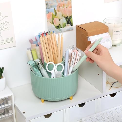 Image of SKYDUE 360 Degree Rotating Desk Organizer, Dual-Purpose Pencil Pen Holder for Desktop, Rotating Desk Pen Organizer with 5 Slots, Pencil Cup for School, Home, Office Supplies (Bean Green)