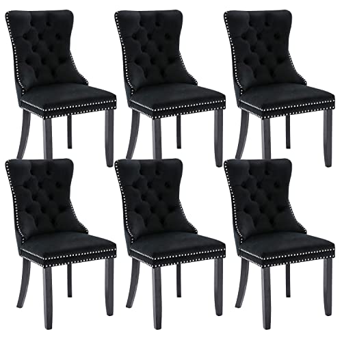 Image of Virabit Tufted Dining Chairs Set of 6, Velvet Upholstered Dining Chairs with Nailhead Back and Ring Pull Trim, Solid Wood Dining Chairs for Kitchen /Bedroom /Dining Room (Black)