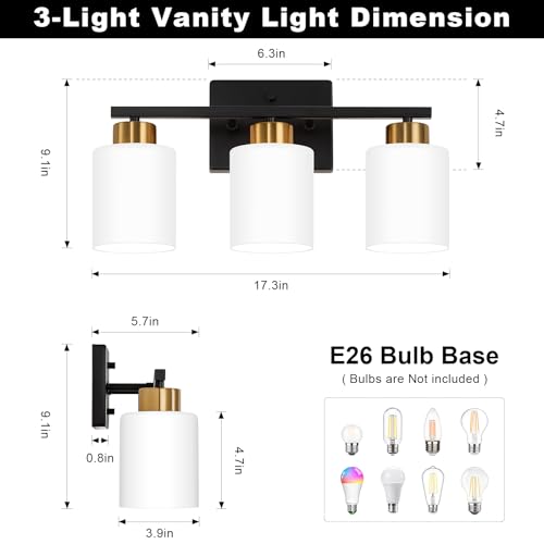 Image of FonmYim Black and Gold Bathroom Light Fixtures, 3-Light Modern Vanity Light Over Mirror, Wall Sconces with Milky White Frosted Glass Shades, E26 Socket (Bulbs Not Included)