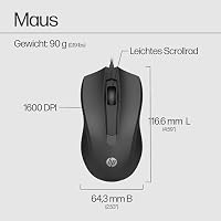 HP Maus 100 kabelgebunden – Optische USB-Maus mit 1600 DPI, 3 Tasten, beidhändiges ergonomisches Design, Plug & Play, für PC, Laptop, Windows, macOS – Schwarz – Ansicht 7