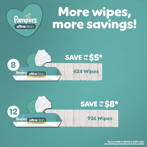 Pampers Ultraclean Baby Wipes, Unscented, Fragrance Free, Water Based, Hypoallergenic, Extra Thick & Grips Mess, 100% Plant Based, 624 Wipes Total (8X Flip-Top Packs) - image 9
