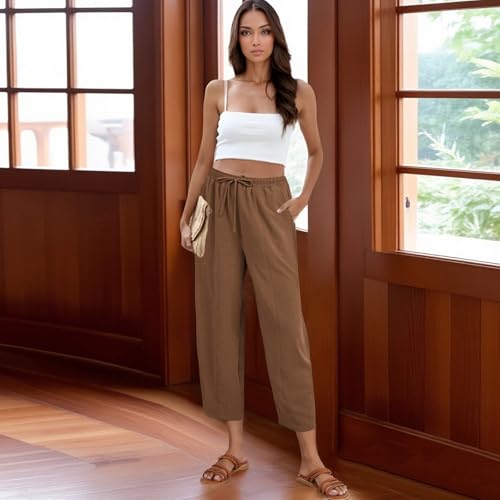 Cropped Linen Pants for Women Casual Boho Drawstring Waisted Harem Pants with Pockets Summer Loose Lightweight Pant4