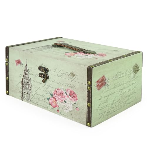 DreamsEden Small Wooden Decorative Storage Box with Handle - Wood Leather Treasure Chest Trunk Keepsake Vintage Suitcase, 11.8' x 7.8' x 5.9' (Tower)