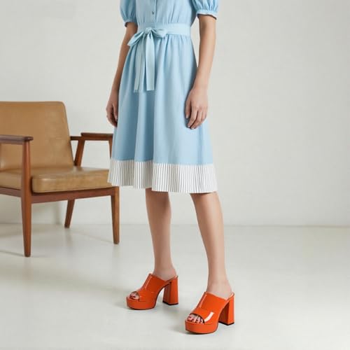 Image of Women Square Open Toe Platform Chunky Heel Slide Sandals | Slip On High Heel Dress Sandals, Elegant Formal Footwear For Wedding Club Evening Party Events