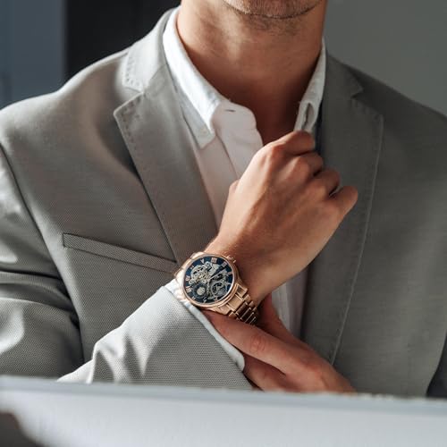 Thomas Earnshaw Mens 44mm Longitude Dual Time Automatic Skeleton Watch with Stainless Steel Bracelet, 12 Hour Dual Time, Sun & Moon Display and Decorated Rotor