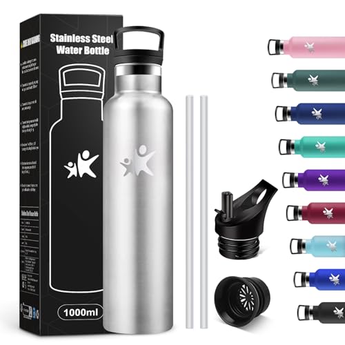 KollyKolla Botella Agua 1L, Cantimplora sin BPA, Botella Acero Inoxidable con Doble Pared Aislada, Cantimplora Termica Hermética, Termo Reutilizable para Escuela, Colegio, Oficina, Senderismo