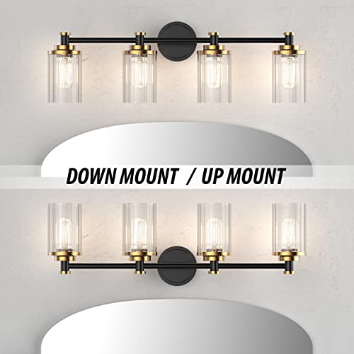 Image of Bathroom Lighting Fixtures Black and Brass Bathroom Vanity Light with Cylindrical Clear Stripes Glass Lampshade E26 Socket Base Bathroom Lighting Fixtures Over Mirror (4 Lights)