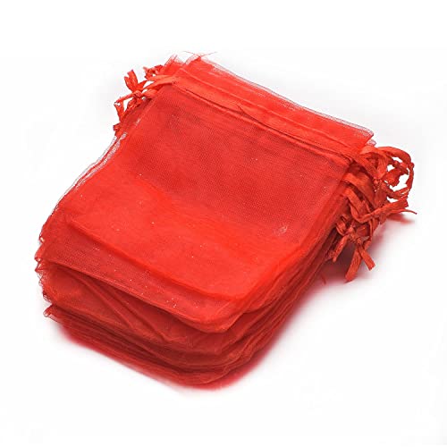 vissen 100PCS 7x9cm Sacs Organza Rouge Sachets Pochettes Cadeau en Organza avec Rubans Sac à bijoux sac à bonbons pour Anniversaire Baptême Fête Décoration Mariage