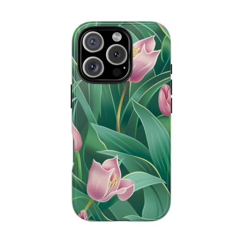 Coque rigide brillante motif floral tulipe rose compatible avec iPhone 16 Pro