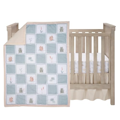 Image of Lambs & Ivy Froggy & Friends Embroidered 3-Piece Baby Crib Bedding Set | Includes luxury patchwork quilt, 100% cotton fitted crib sheet, and crib skirt.