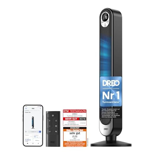 Dreo Smart 20dB Turmventilator Leiser, 9M Windentfernung Ventilator mit Fernbedienung,6 Geschwindigkeiten 4 Modi, 90° Oszillierender Standventilator mit Sprachteuerung für Schlafzimmer, 12H Timer