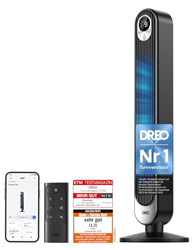 Dreo Smart 20dB DC Motor Turmventilator Leiser 11M Windentfernung Ventilator mit Fernbedienung 9 Stufen 4 Modi 90 Oszillierender Standventilator mit Sprachteuerung für Schlafzimmer 12H Timer