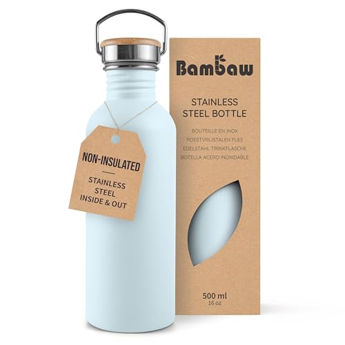 Image of Bambaw 500 ml Stainless Steel Water Bottle, Blue Water Bottle, Non-Insulated, 50 cl Children's Stainless Steel Bottle - Nordic Blue