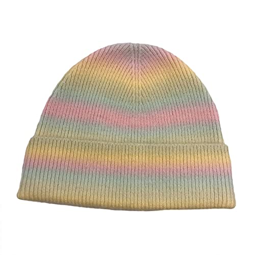 WmHeoo2077 Weich Warm Unisex Beanie Hats,Strickmütze Mütze mit Bommelmütze,Strickmütze mit Farbverlauf, Batik-Bunte Wollmütze,B,Einheitsgröße Cover