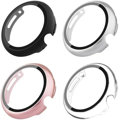 Vancle 4 Pack Case for Google Pixel Watch 2/Pixel Watch Screen Protector with Tempered Glass, Hard PC All Around Coverage Protective Bumpers Cover for Pixel Watch (Black/Rose Gold/Silver/Clear)