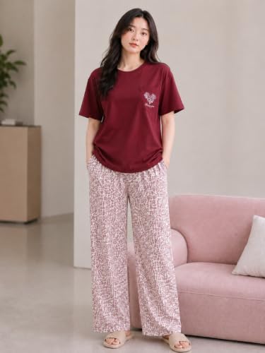 Image of Women's 2-Piece Pajama Set - Short Sleeve Top & Pants Lounge Set, Soft Breathable Sleepwear Night Suit for Women