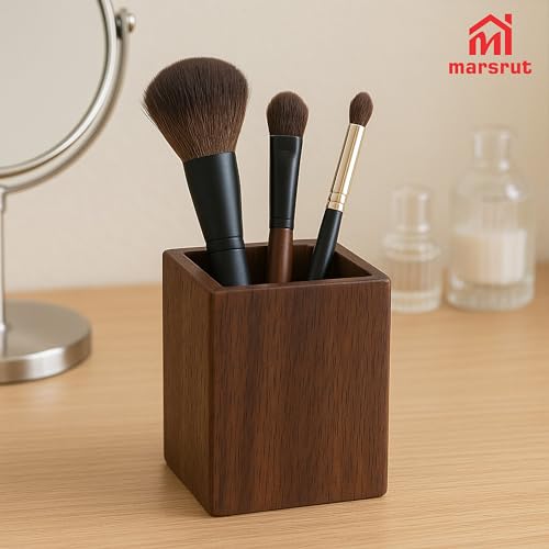 Wooden Pencil Holder for Desk, Wood Pen Black Walnut Cup Holder Square Handwork Natural Organizer Simple Stand for Pencils Make up Brushes Stationery Desks Offices Desk Desktop Decoration (Brown) - Image 4