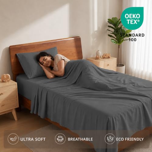Image of LANE LINEN 100% Organic Cotton Bedsheet for Single Bed - Charcoal | GOTS Certified, Percale Weave, 60x90 inches, Soft & Breathable, Machine Washable, Includes 1 Pillow Cover