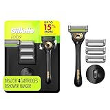 GilletteLabs with Exfoliating Bar Shaving Razor for Men, Black & Gold Edition, Includes Magnetic Shower Hook, Wall Hanger for Easy Storage, 1 Handle + 4 Razor Blade Refills
